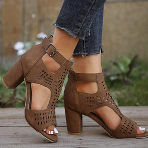 brown Women's hollowed-out peep toe chunky heels sandals