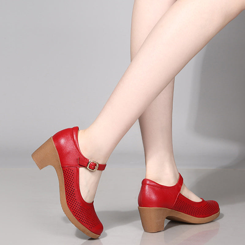 Women's hollowed low block heels mary jane pumps
