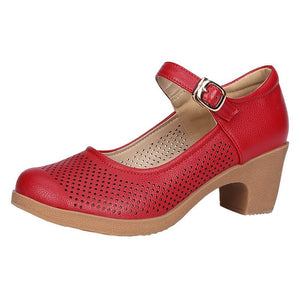 Women's hollowed low block heels mary jane pumps