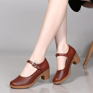 Women's hollowed low block heels mary jane pumps