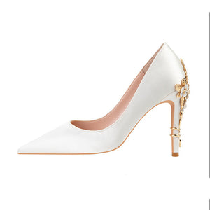 Women silk pointed toe metal flower decor stiletto high heels