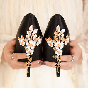 Women silk pointed toe metal flower decor stiletto high heels