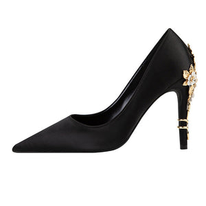 Women silk pointed toe metal flower decor stiletto high heels
