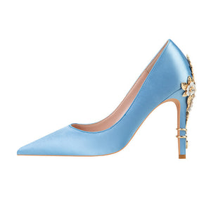 Women silk pointed toe metal flower decor stiletto high heels