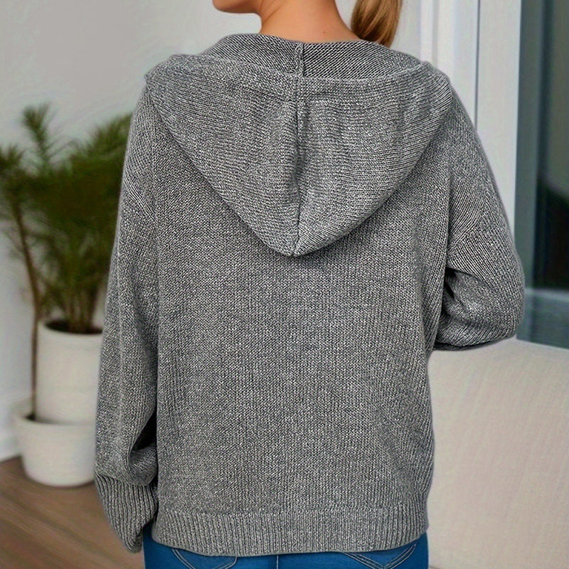 Women's knitted hooded cardigan with drawstring