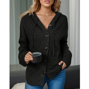 Women's knitted hooded cardigan with drawstring