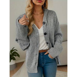 Women's knitted hooded cardigan with drawstring