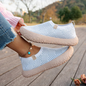 white Women's knitted wide toe slip-on loafers shoes