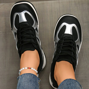 black Women's lace-up breathable mesh sneakers - anti-slip walking shoes for daily casual
