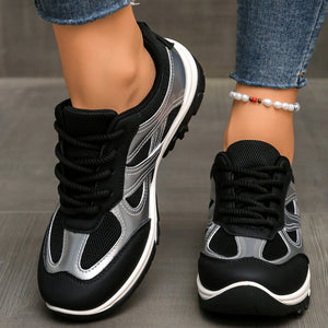 black Women's lace-up breathable mesh sneakers - anti-slip walking shoes for daily casual