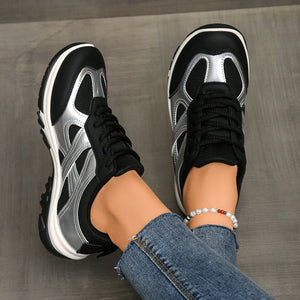 black Women's lace-up breathable mesh sneakers - anti-slip walking shoes for daily casual