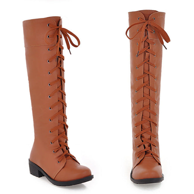yellow Women's lace-up knee high boots