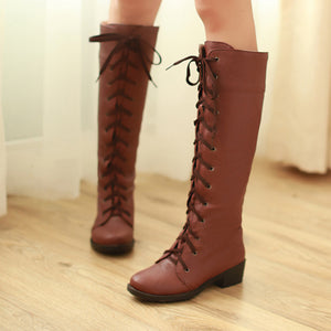 brown Women's lace-up knee high boots