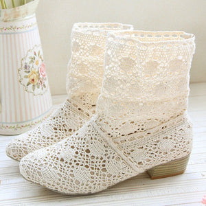 Women's lace openwork crochet summer booties breathable western country style