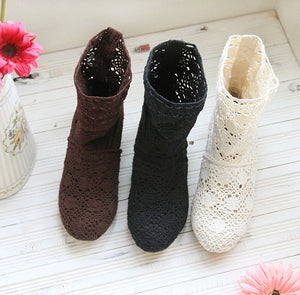 Women's lace openwork crochet summer booties breathable western country style