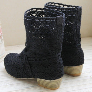 Women's lace openwork crochet summer booties breathable western country style