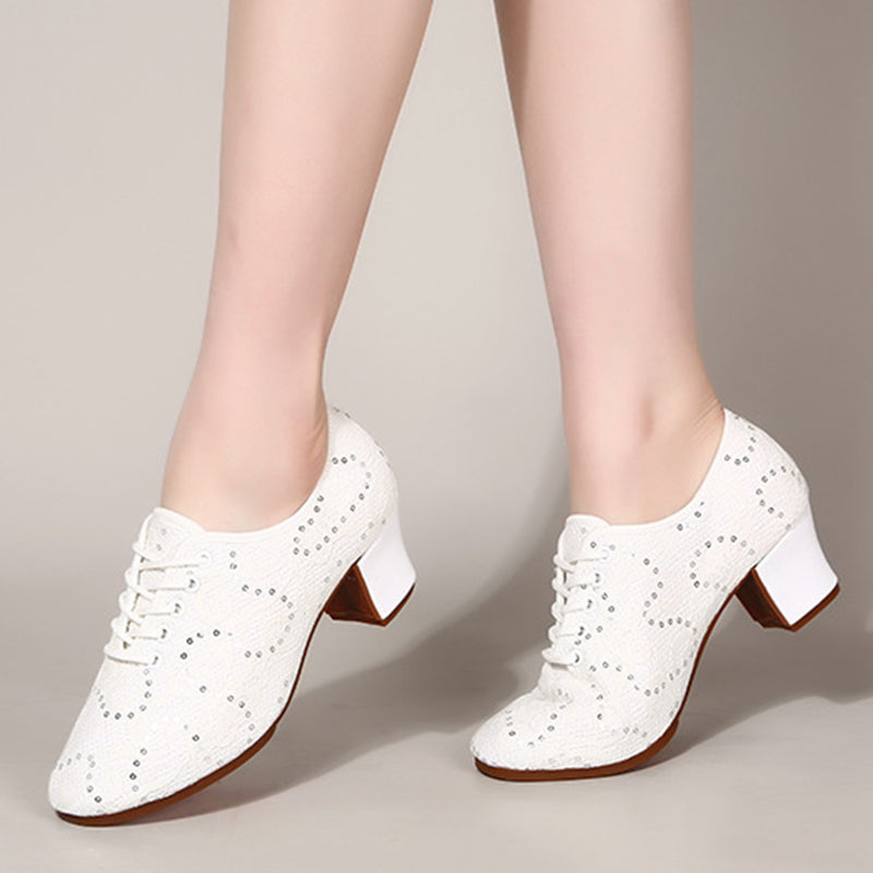 Women's lace sequins medium block heels dance shoes