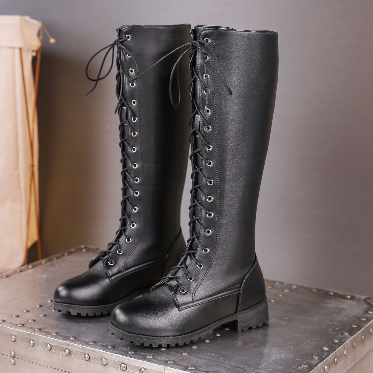 black Women's lace up knee high combat boots