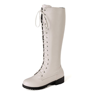 beige Women's lace up knee high combat boots