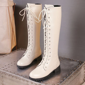 beige Women's lace up knee high combat boots