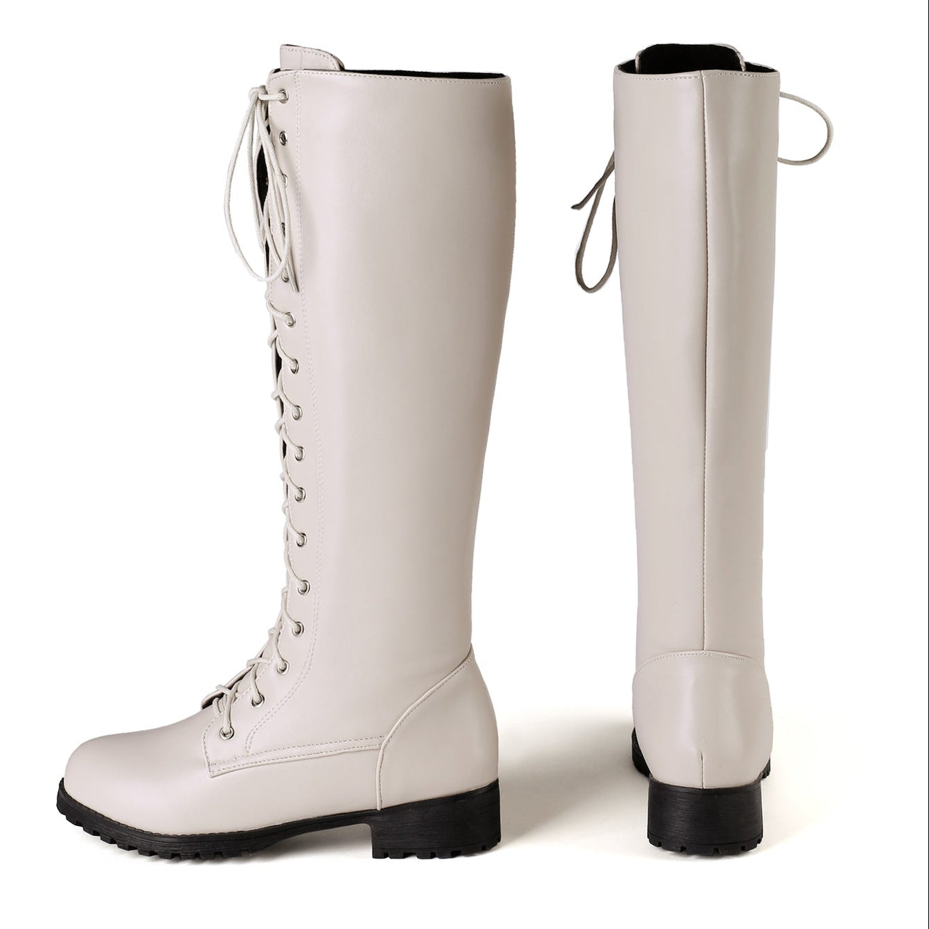 beige Women's lace up knee high combat boots