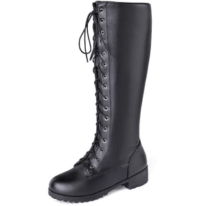 black Women's lace up knee high combat boots