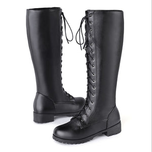 black Women's lace up knee high combat boots