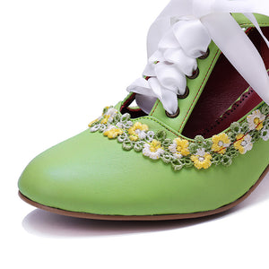 green Women's leather floral lace trim Mary Jane pumps