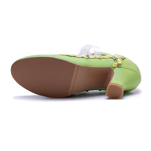 Women's leather floral lace trim Mary Jane pumps