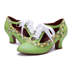 green Women's leather floral lace trim Mary Jane pumps