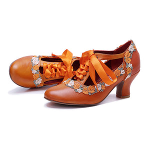 orange Women's leather floral lace trim Mary Jane pumps