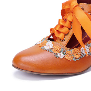 orange Women's leather floral lace trim Mary Jane pumps