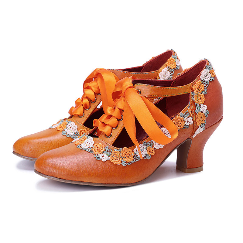 Women's leather floral lace trim Mary Jane pumps