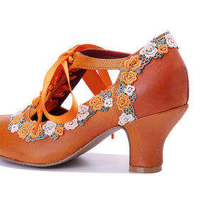 orange Women's leather floral lace trim Mary Jane pumps