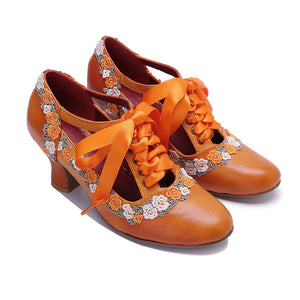 orange Women's leather floral lace trim Mary Jane pumps
