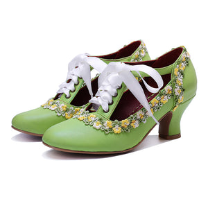 green Women's leather floral lace trim Mary Jane pumps