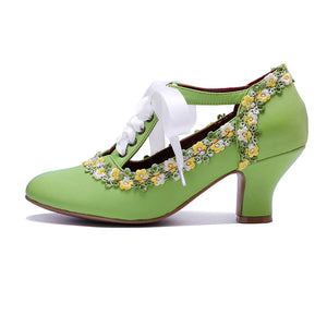 green Women's leather floral lace trim Mary Jane pumps
