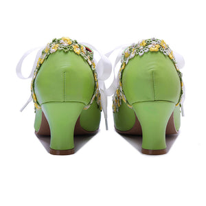 green Women's leather floral lace trim Mary Jane pumps