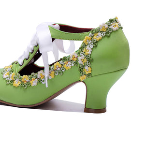 green Women's leather floral lace trim Mary Jane pumps
