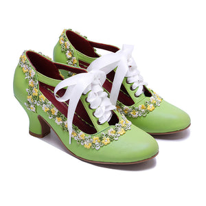 Women's leather floral lace trim Mary Jane pumps
