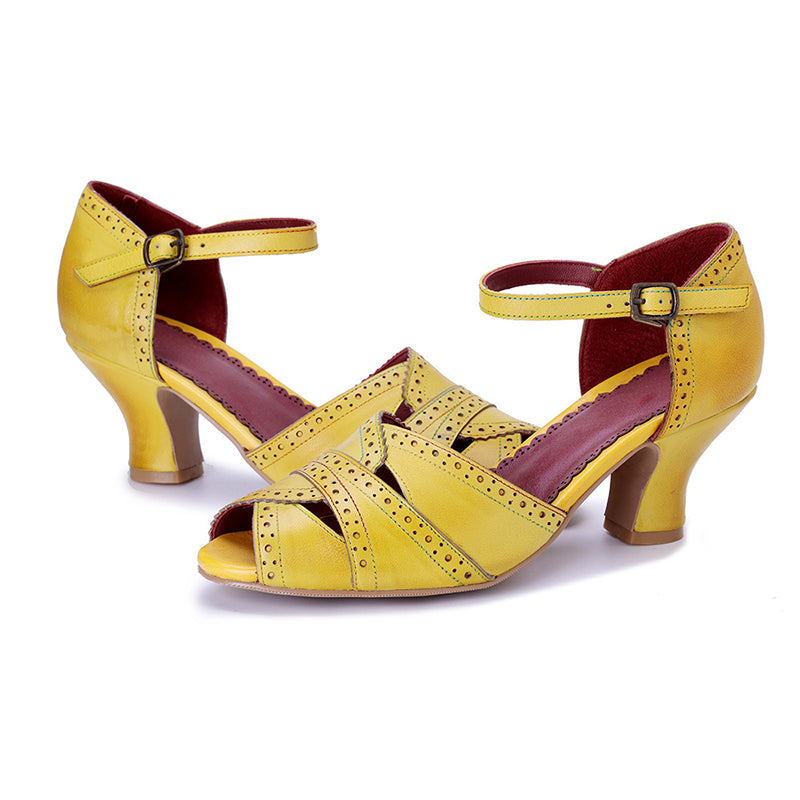 Women's leather vintage yellow peep toe brogue sandals