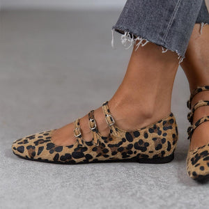 Women's leopard Mary Jane ballet flats with adjustable buckles