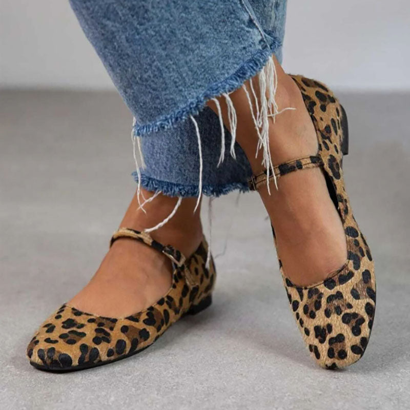 Women's leopard Mary Jane ballet flats with adjustable buckles