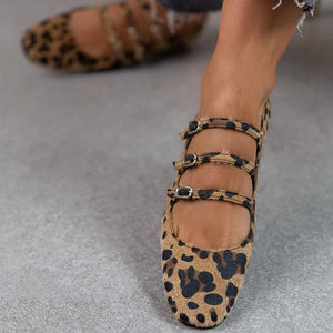 Women's leopard Mary Jane ballet flats with adjustable buckles