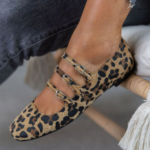 Women's leopard Mary Jane ballet flats with adjustable buckles
