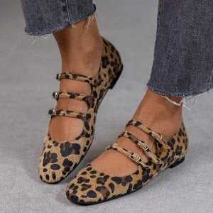Women's leopard Mary Jane ballet flats with adjustable buckles