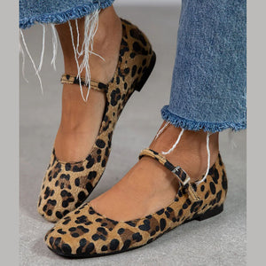 Women's leopard Mary Jane ballet flats with adjustable buckles