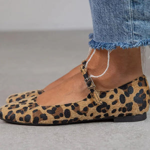 Women's leopard Mary Jane ballet flats with adjustable buckles