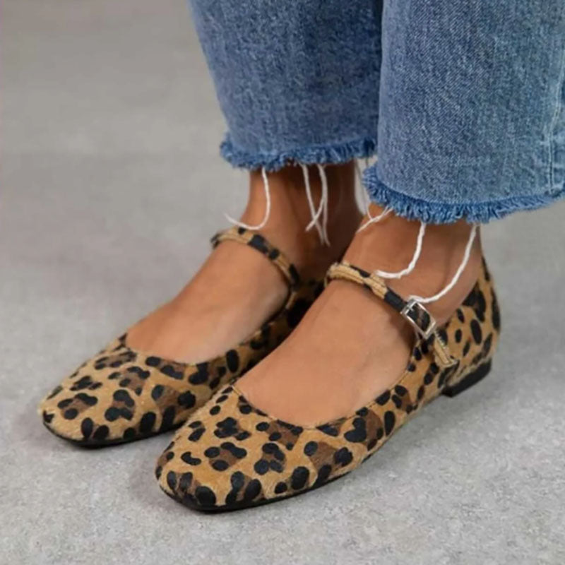 Women's leopard Mary Jane ballet flats with adjustable buckles