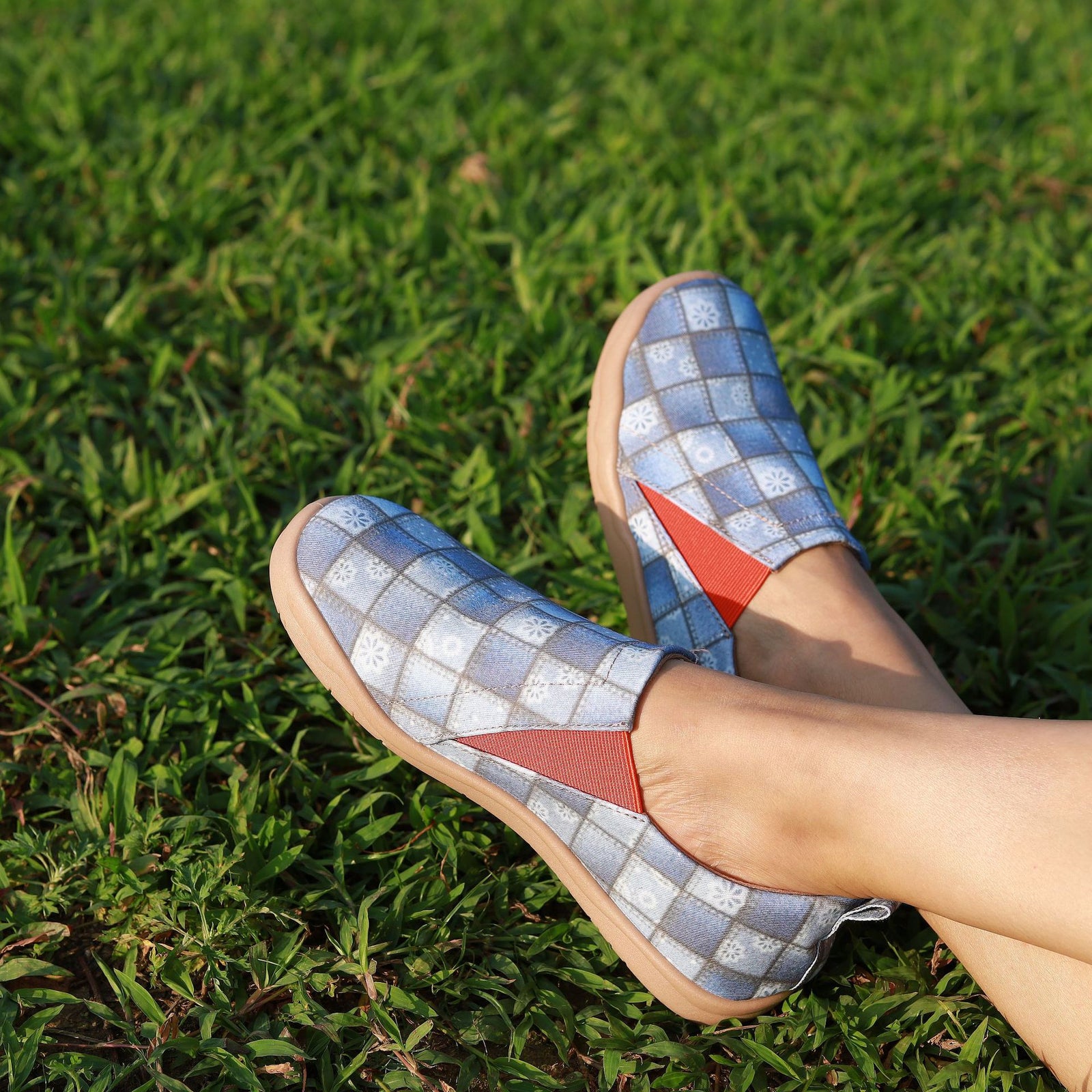 Women's light blue plaid canvas loafers